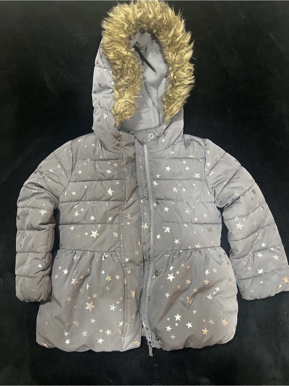 The Children's Place Gray Star-Print Puffer Coat with Faux-Fur Hood